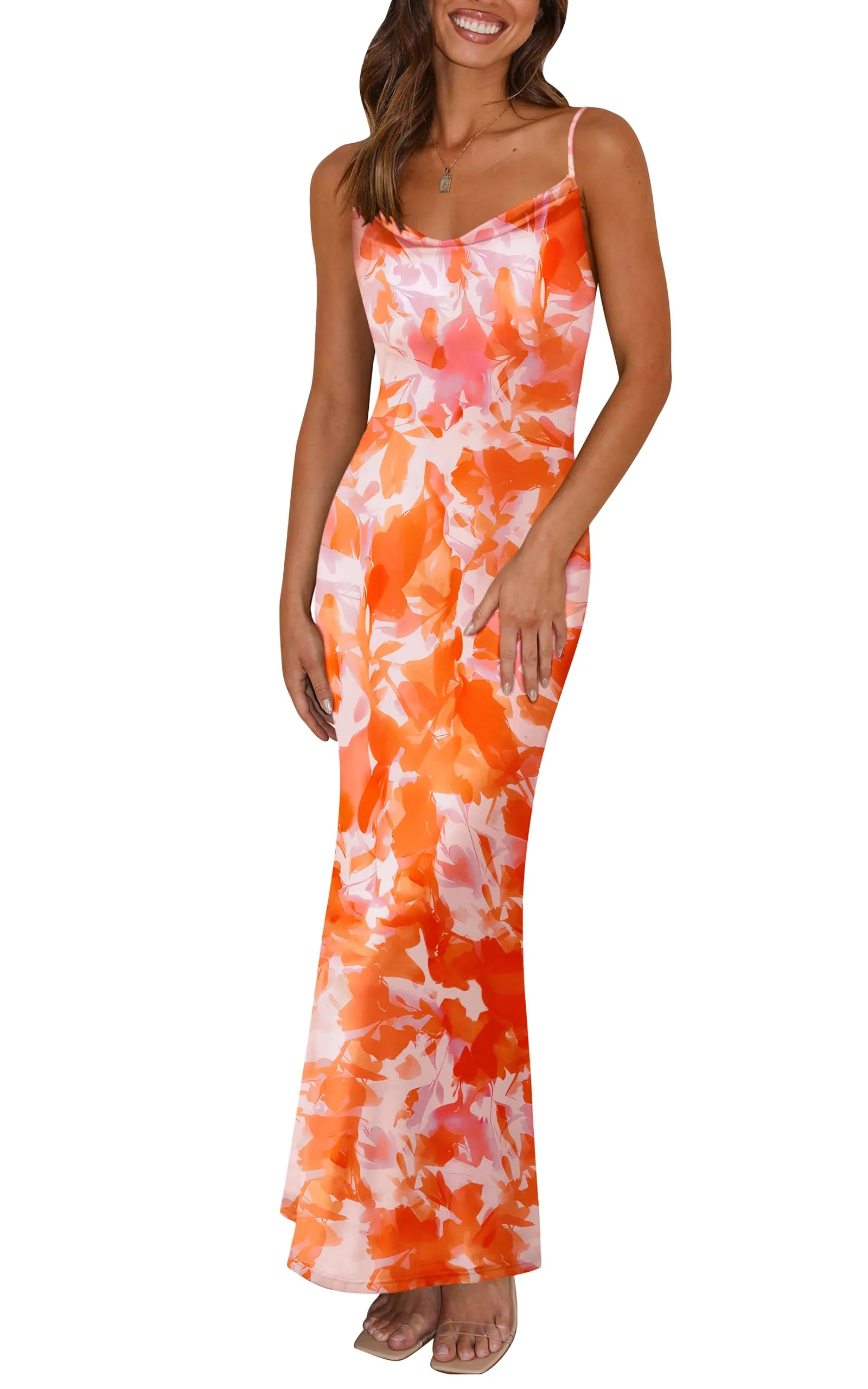 PRETTYGARDEN Women's 2025 Summer Floral Spaghetti Strap Maxi Dress Stretch Sexy Bodycon Dress Backless Slip Long Dresses