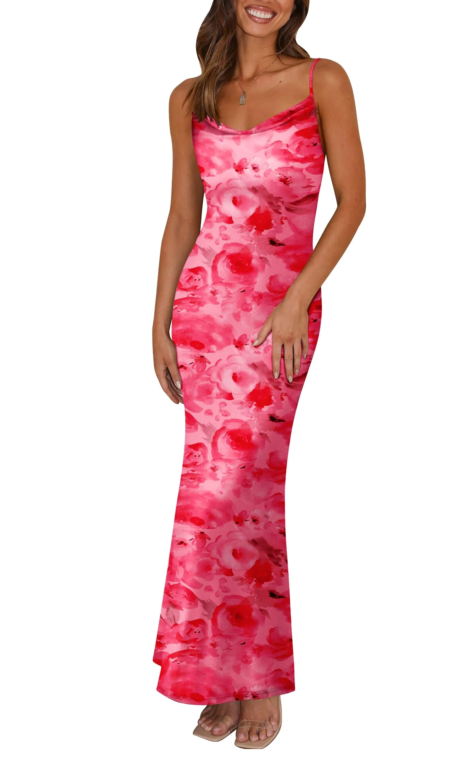 PRETTYGARDEN Women's 2025 Summer Floral Spaghetti Strap Maxi Dress Stretch Sexy Bodycon Dress Backless Slip Long Dresses