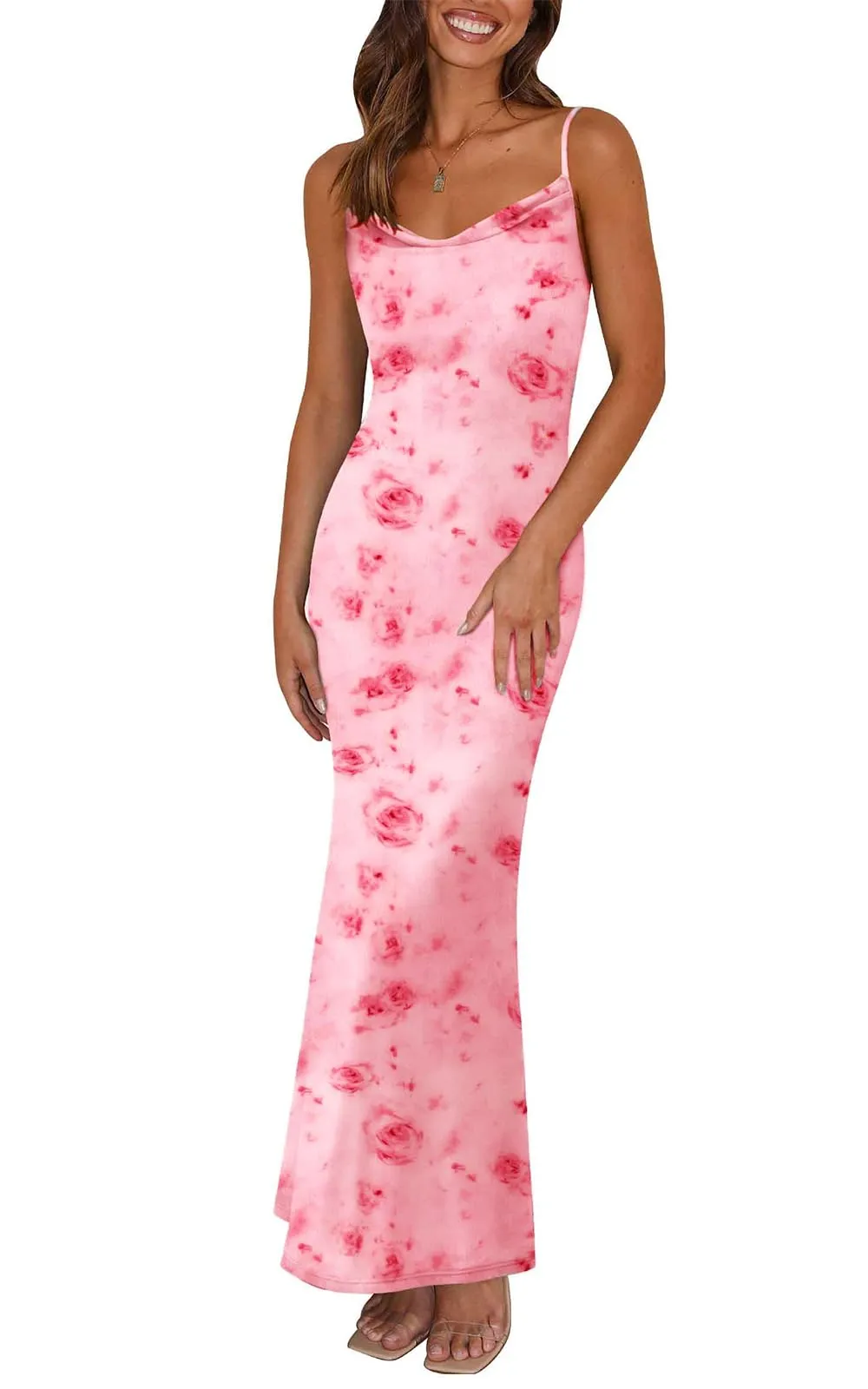 PRETTYGARDEN Women's 2025 Summer Floral Spaghetti Strap Maxi Dress Stretch Sexy Bodycon Dress Backless Slip Long Dresses