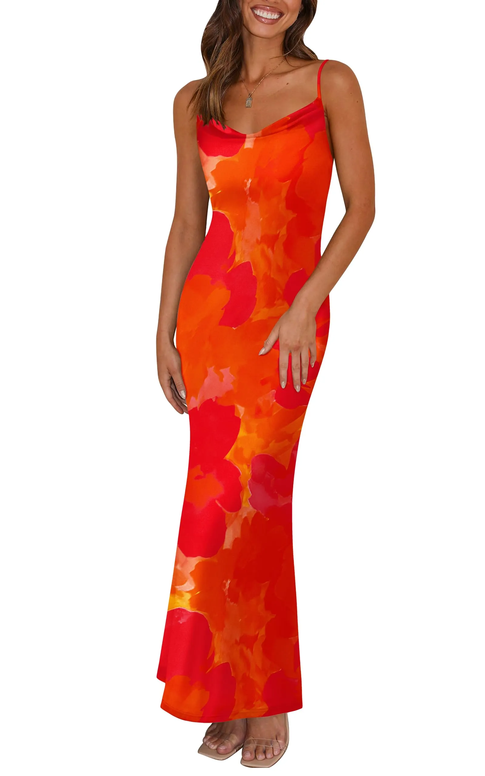 PRETTYGARDEN Women's 2025 Summer Floral Spaghetti Strap Maxi Dress Stretch Sexy Bodycon Dress Backless Slip Long Dresses