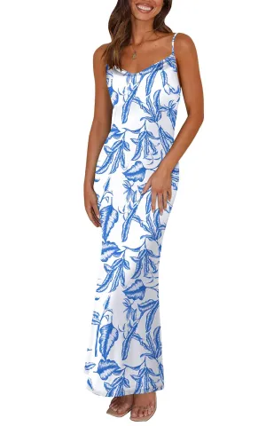 PRETTYGARDEN Women's 2025 Summer Floral Spaghetti Strap Maxi Dress Stretch Sexy Bodycon Dress Backless Slip Long Dresses