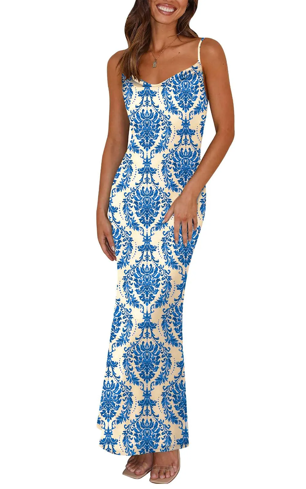 PRETTYGARDEN Women's 2025 Summer Floral Spaghetti Strap Maxi Dress Stretch Sexy Bodycon Dress Backless Slip Long Dresses
