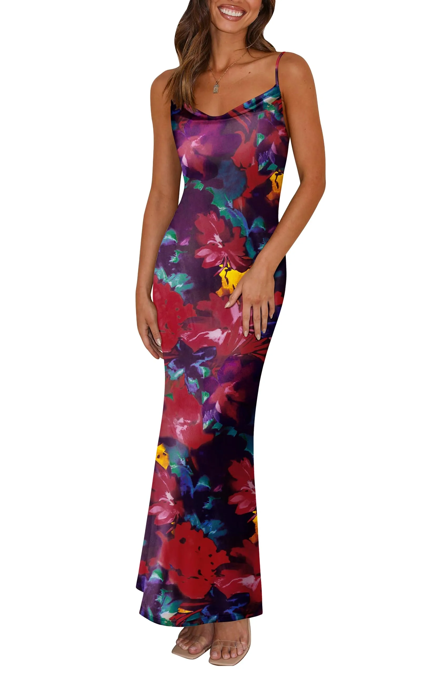 PRETTYGARDEN Women's 2025 Summer Floral Spaghetti Strap Maxi Dress Stretch Sexy Bodycon Dress Backless Slip Long Dresses