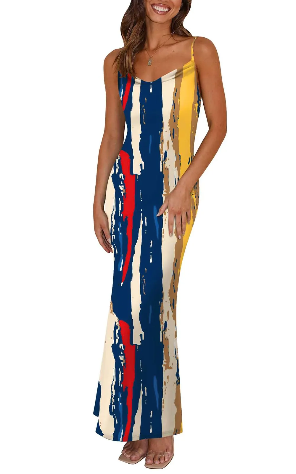 PRETTYGARDEN Women's 2025 Summer Floral Spaghetti Strap Maxi Dress Stretch Sexy Bodycon Dress Backless Slip Long Dresses