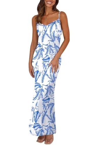 PRETTYGARDEN Women's 2025 Summer Floral Spaghetti Strap Maxi Dress Stretch Sexy Bodycon Dress Backless Slip Long Dresses