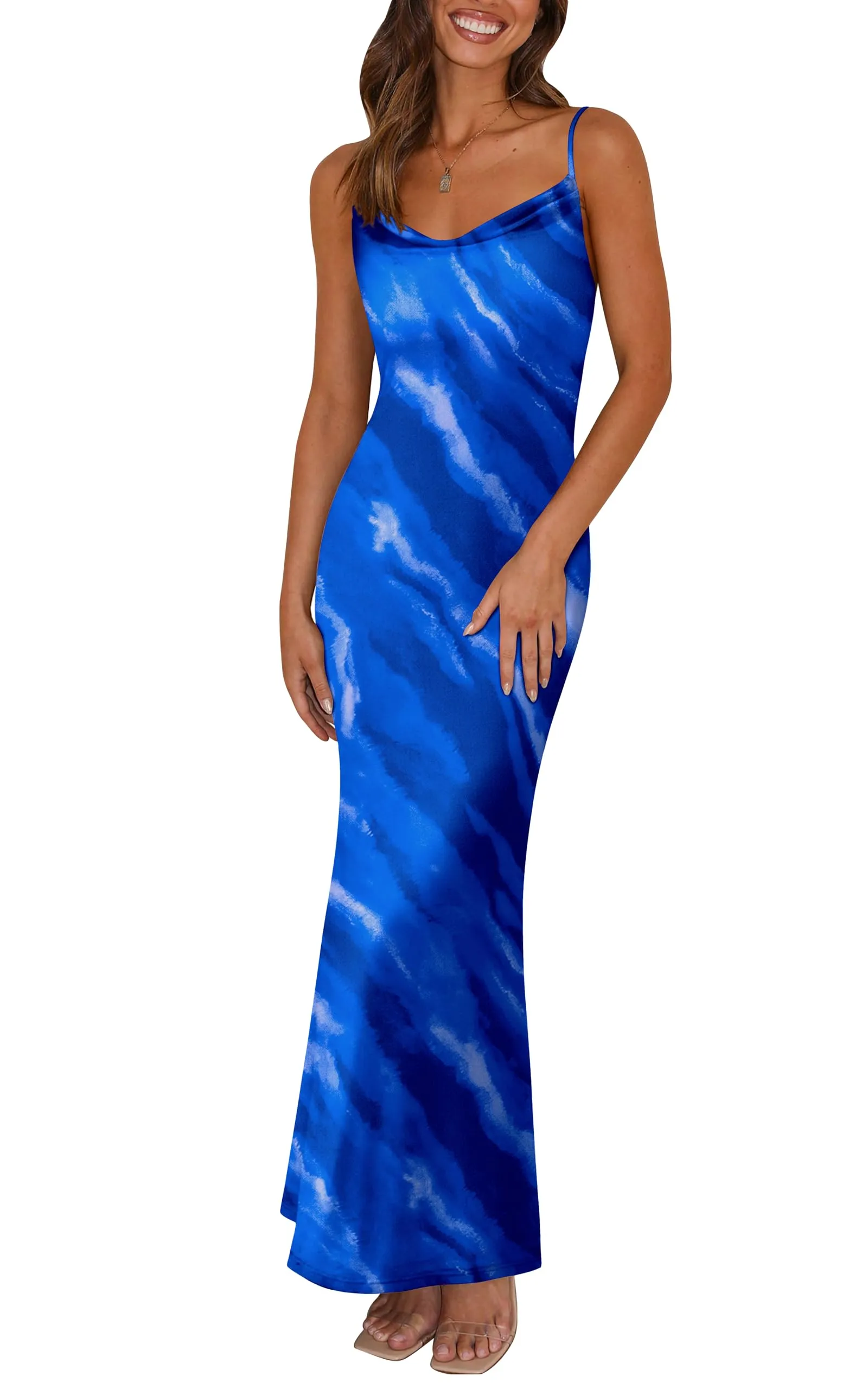 PRETTYGARDEN Women's 2025 Summer Floral Spaghetti Strap Maxi Dress Stretch Sexy Bodycon Dress Backless Slip Long Dresses