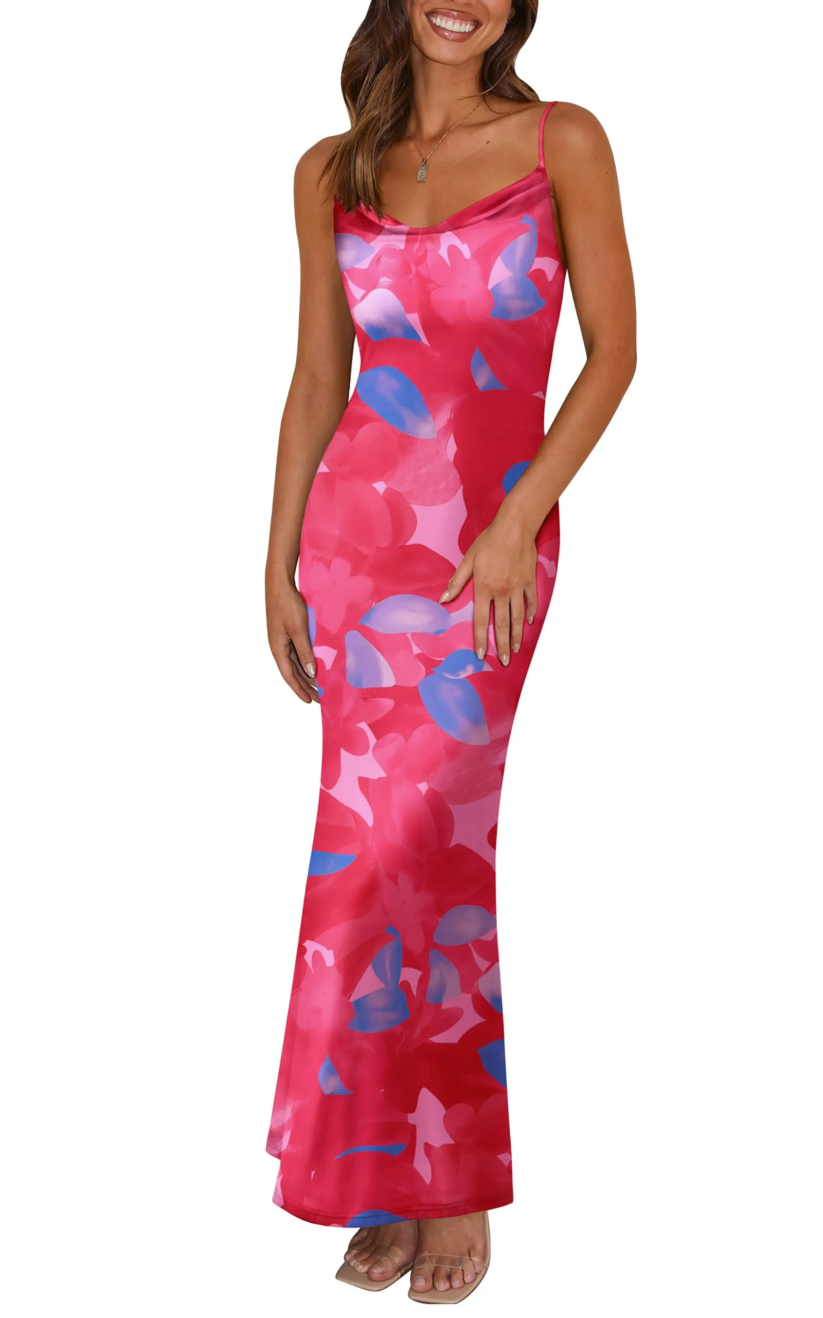 PRETTYGARDEN Women's 2025 Summer Floral Spaghetti Strap Maxi Dress Stretch Sexy Bodycon Dress Backless Slip Long Dresses