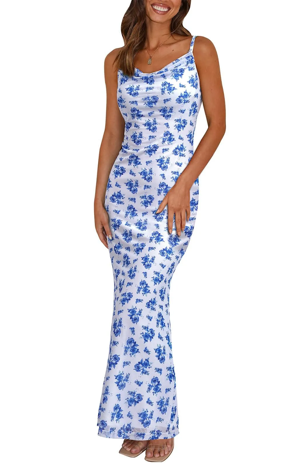 PRETTYGARDEN Women's 2025 Summer Floral Spaghetti Strap Maxi Dress Stretch Sexy Bodycon Dress Backless Slip Long Dresses