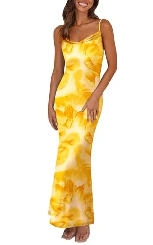 PRETTYGARDEN Women's 2025 Summer Floral Spaghetti Strap Maxi Dress Stretch Sexy Bodycon Dress Backless Slip Long Dresses