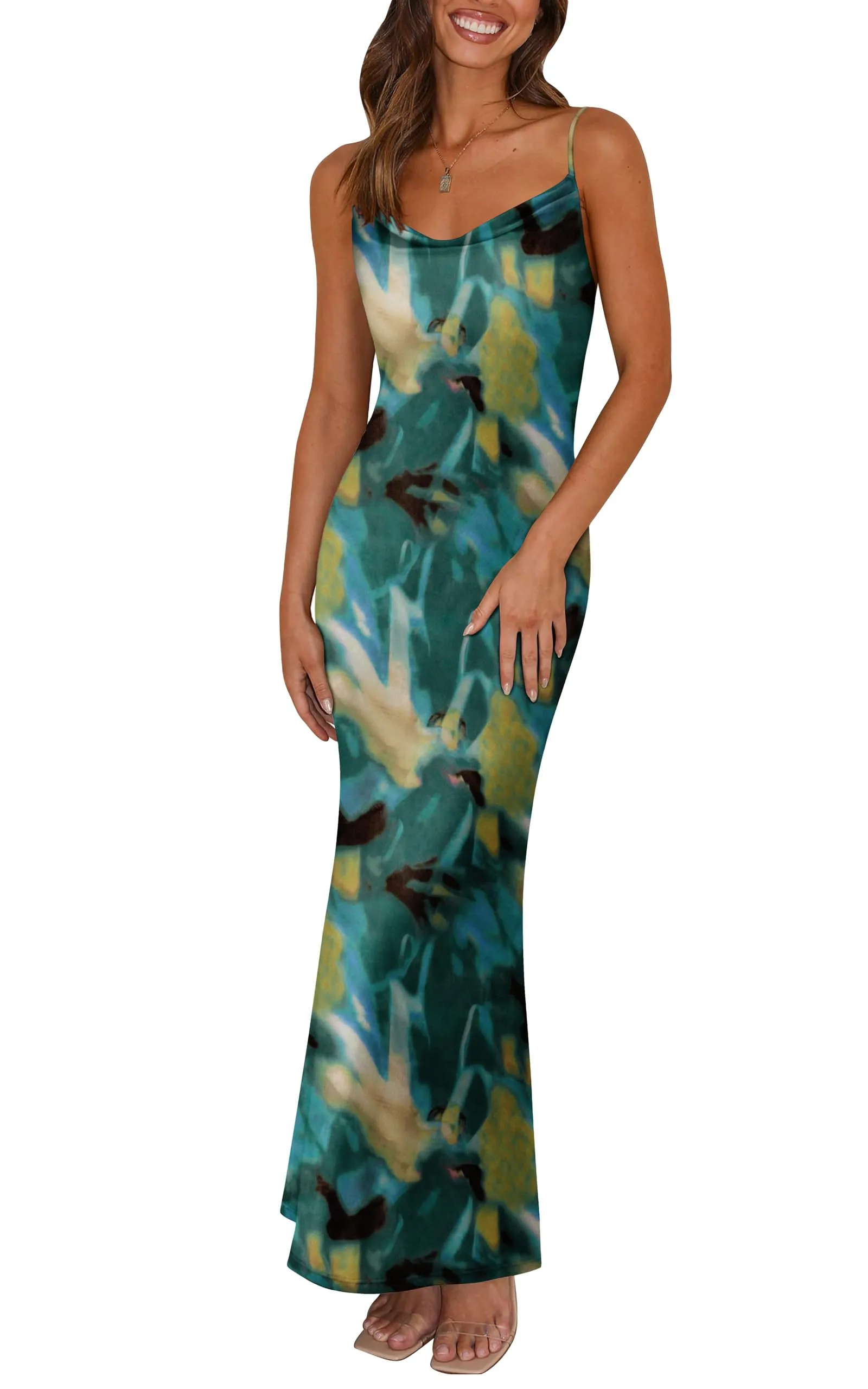 PRETTYGARDEN Women's 2025 Summer Floral Spaghetti Strap Maxi Dress Stretch Sexy Bodycon Dress Backless Slip Long Dresses