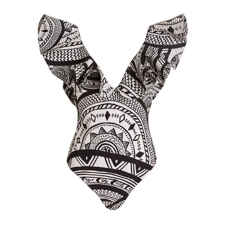 Print V-Neck One Piece Swimsuit and Skirt Set