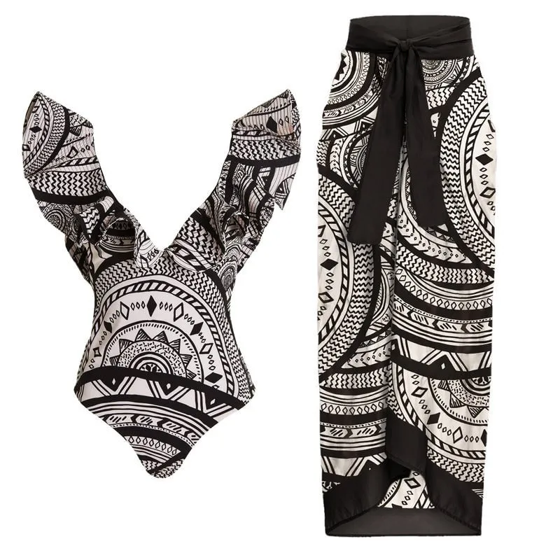 Print V-Neck One Piece Swimsuit and Skirt Set
