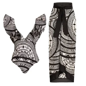 Print V-Neck One Piece Swimsuit and Skirt Set