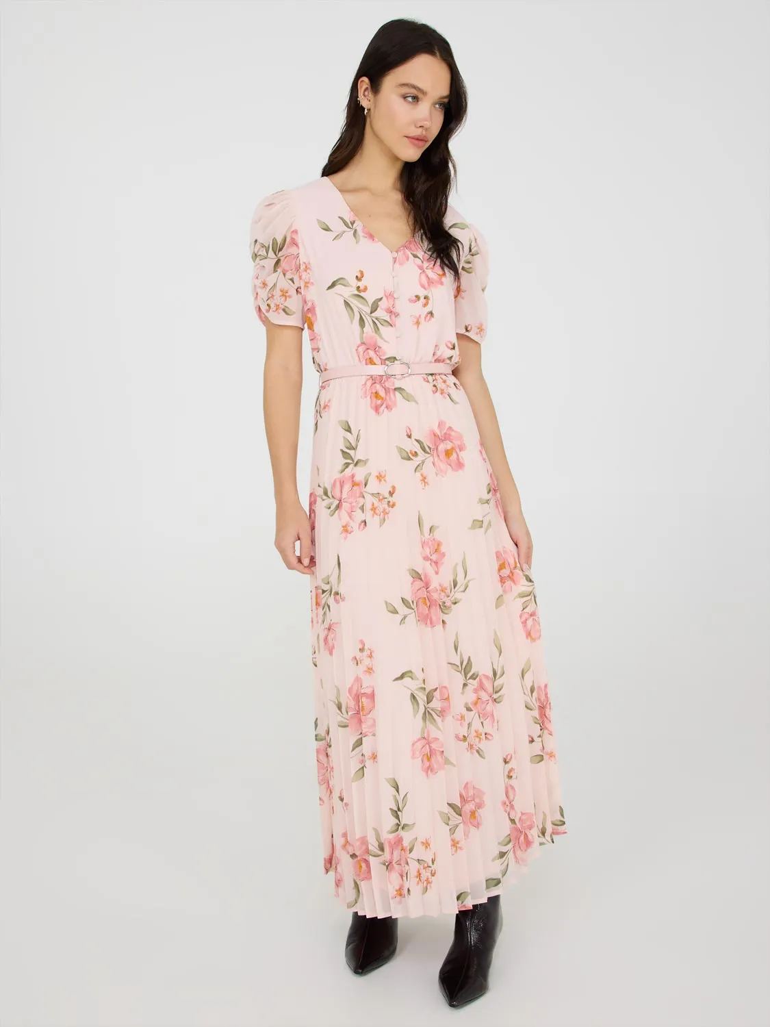 Printed V-Neck Pleated Midi Dress