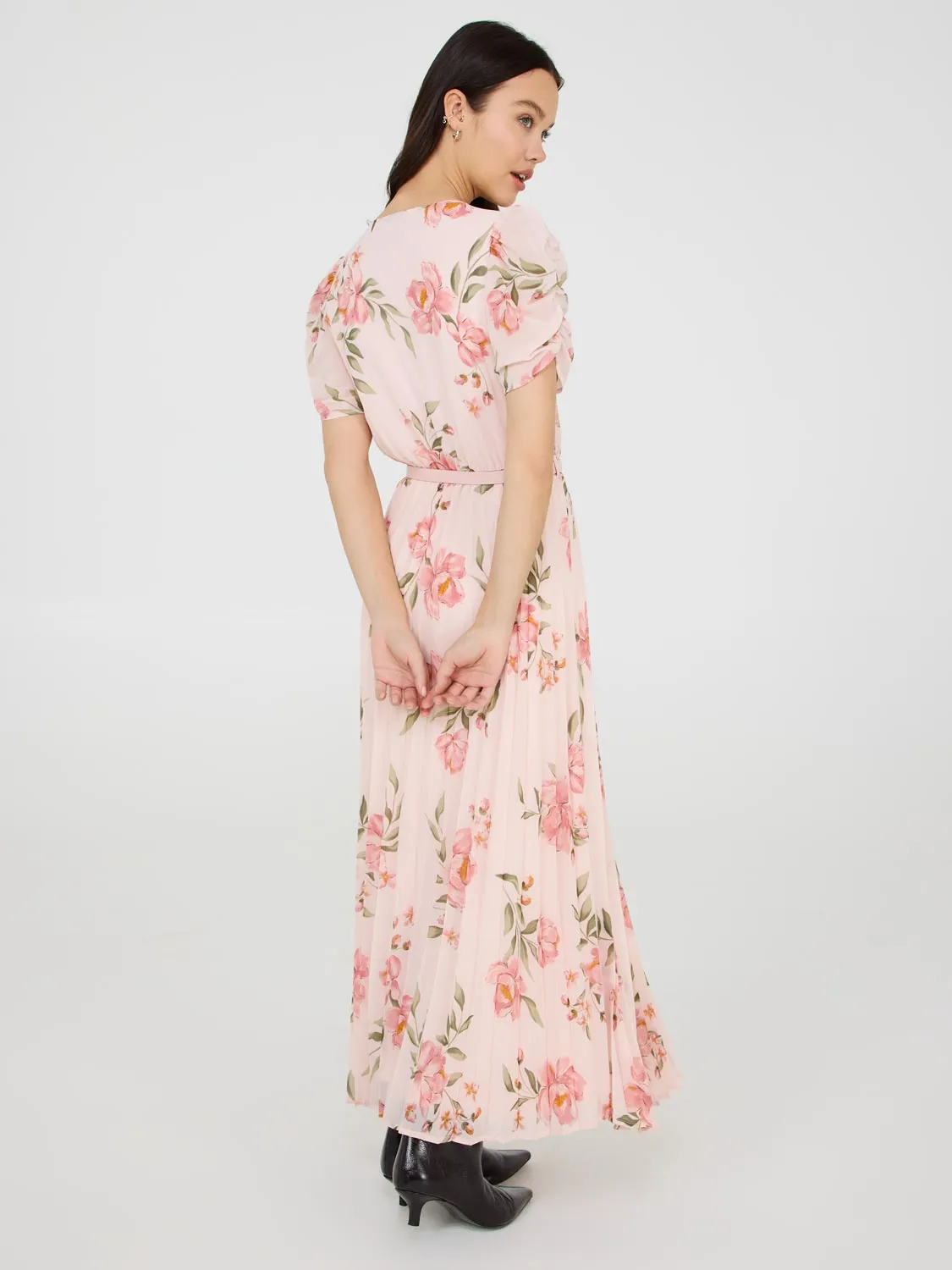 Printed V-Neck Pleated Midi Dress