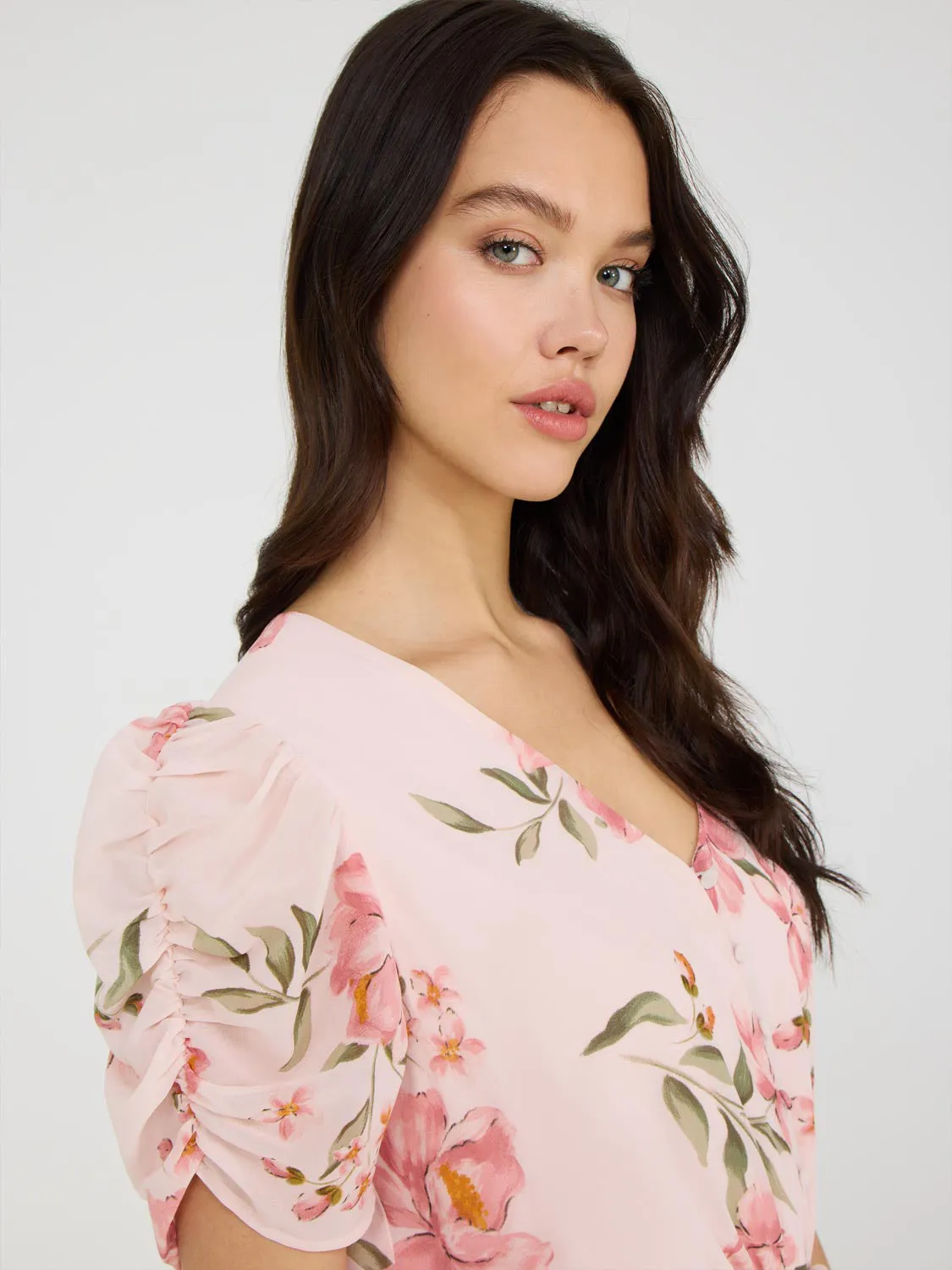 Printed V-Neck Pleated Midi Dress