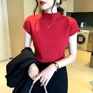 Red High Neck Knit Top