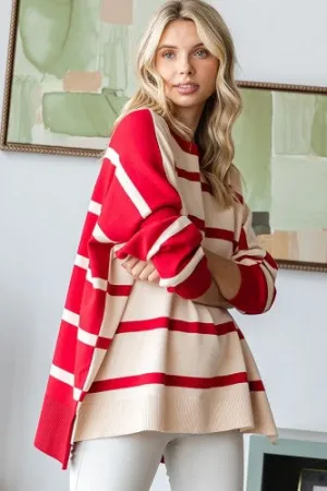 Red   Ivory Stripe High Low Knitted Sweater