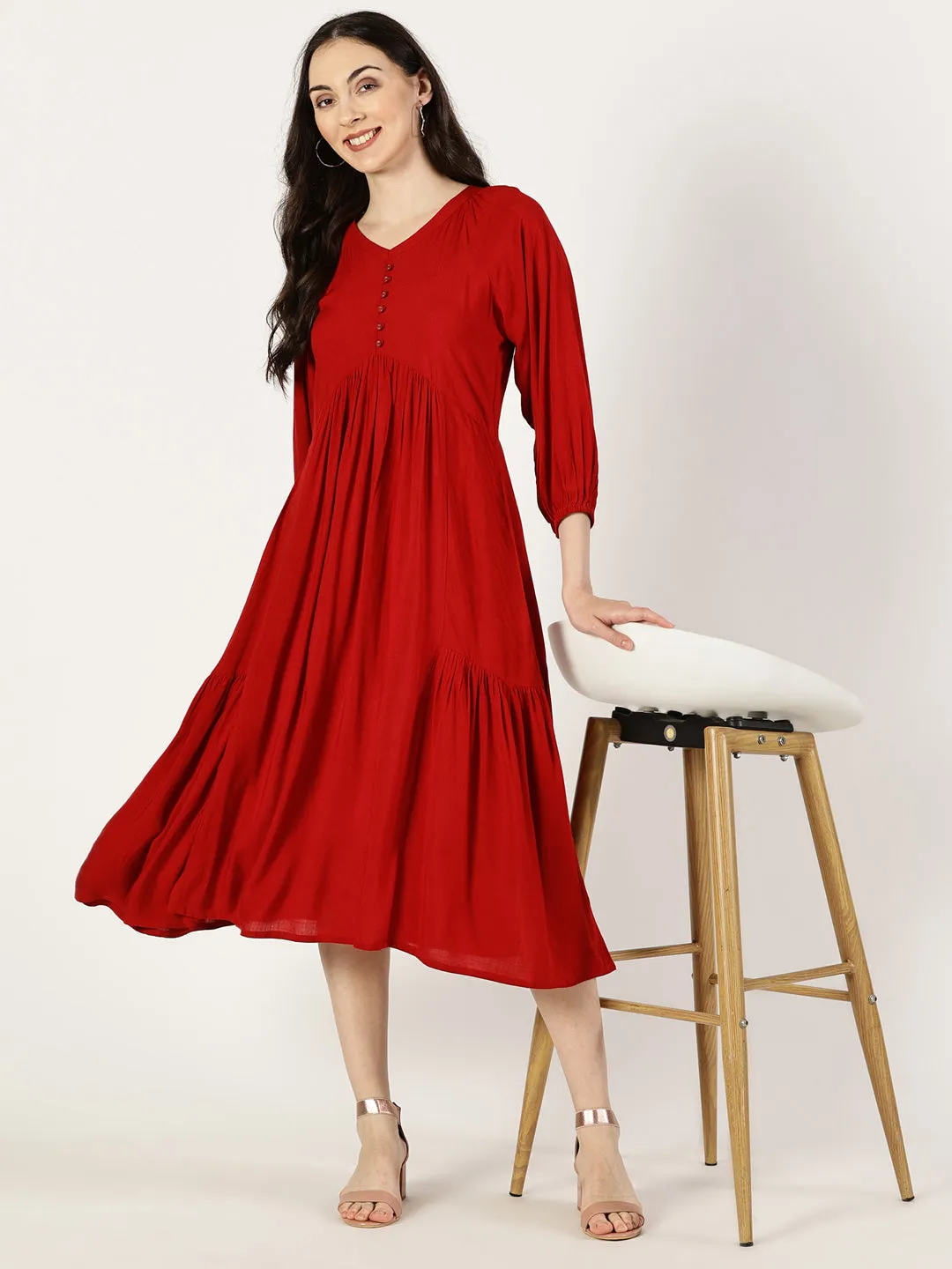 Red Rayon Slub Dress with Gathers