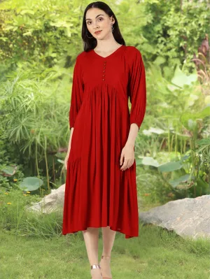 Red Rayon Slub Dress with Gathers