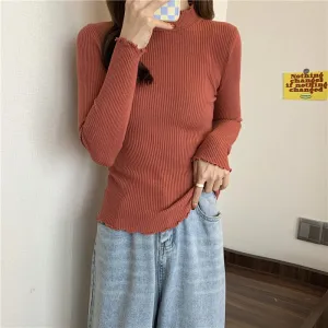 Red Scalloped Hem High Neck Top