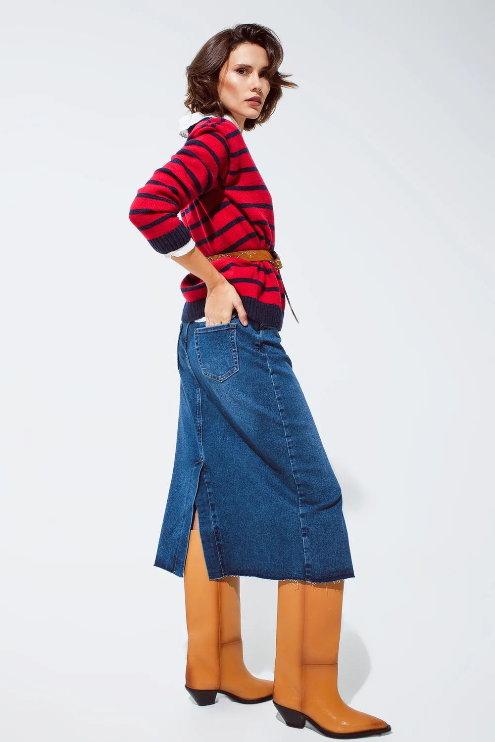 Red sweater with blue stripes and a white crew neck