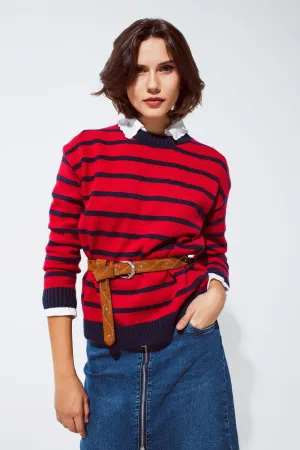Red sweater with blue stripes and a white crew neck
