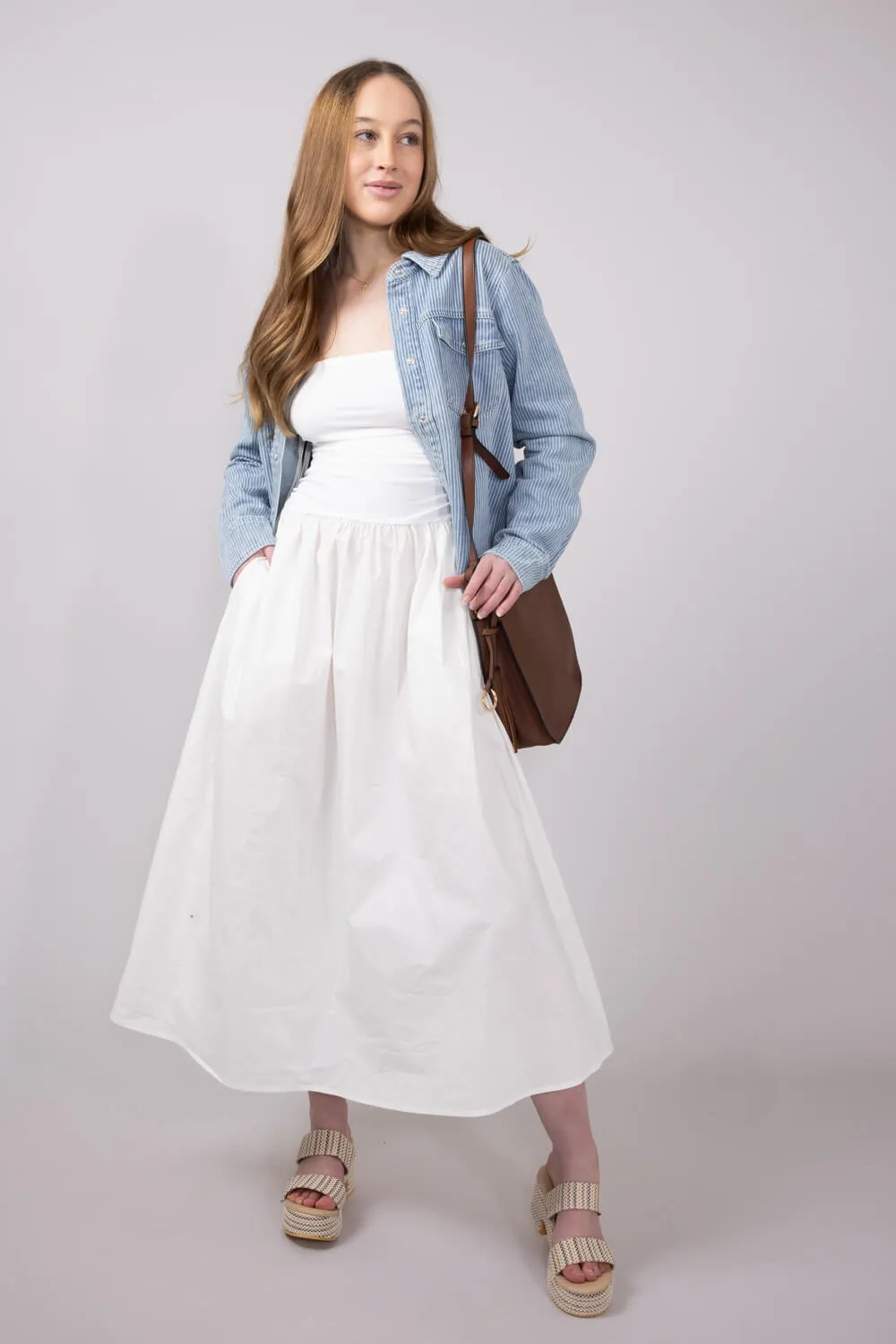 Ribbon Strap Ruched Midi Flared Dress for Women in Ivory | MD4066-IVORY