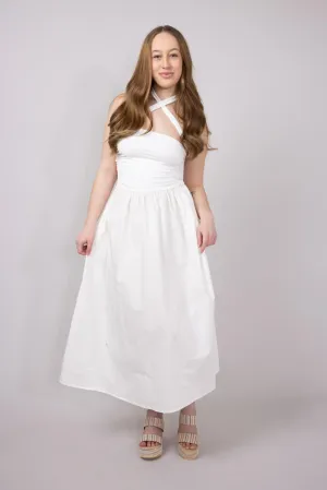 Ribbon Strap Ruched Midi Flared Dress for Women in Ivory | MD4066-IVORY