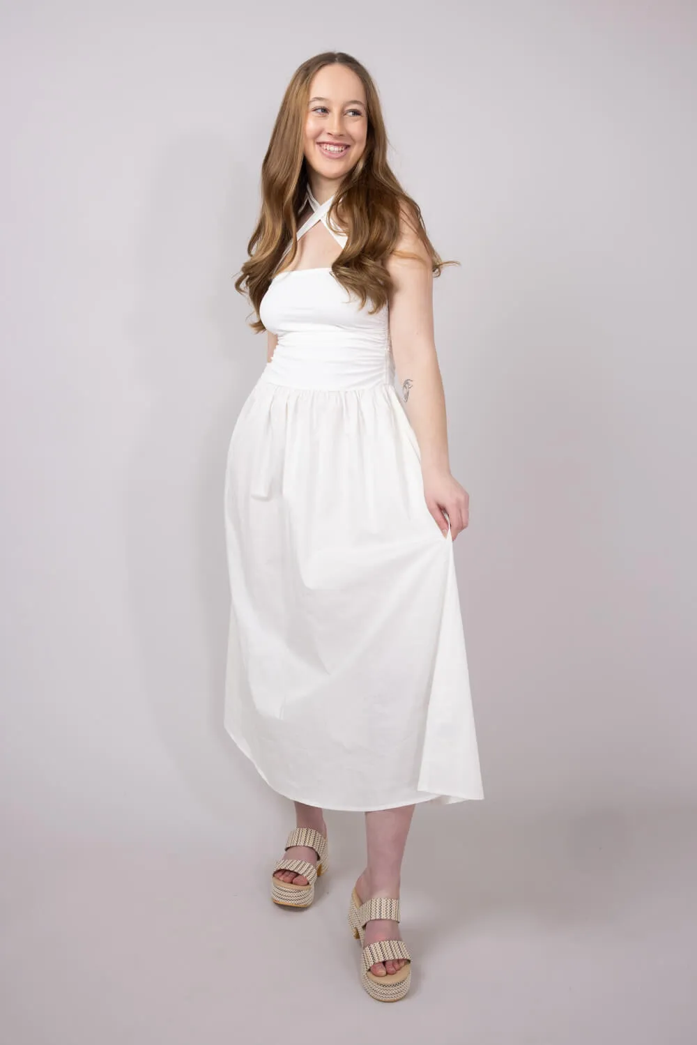 Ribbon Strap Ruched Midi Flared Dress for Women in Ivory | MD4066-IVORY