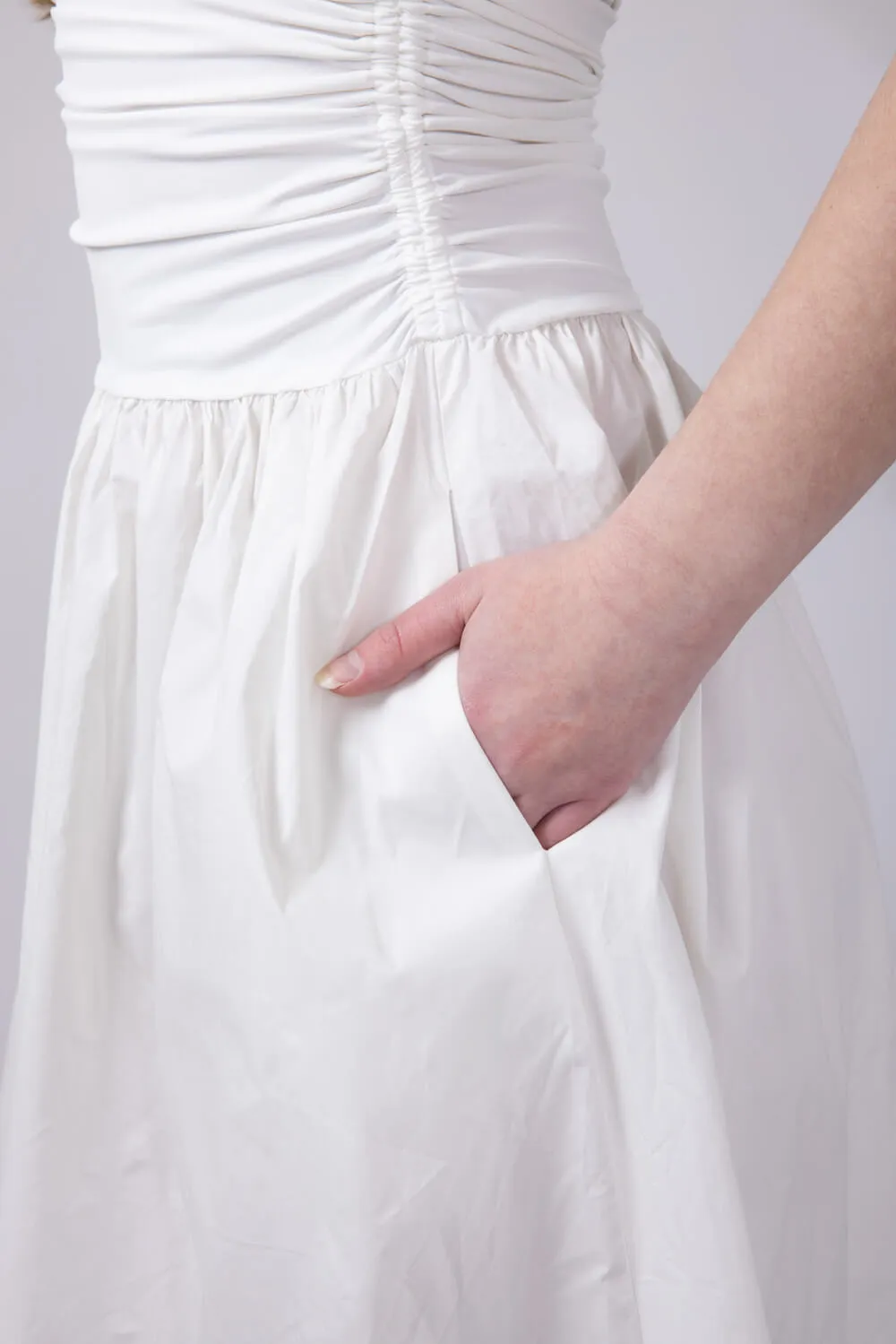 Ribbon Strap Ruched Midi Flared Dress for Women in Ivory | MD4066-IVORY