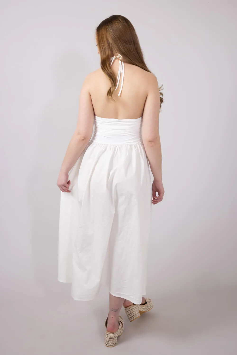 Ribbon Strap Ruched Midi Flared Dress for Women in Ivory | MD4066-IVORY