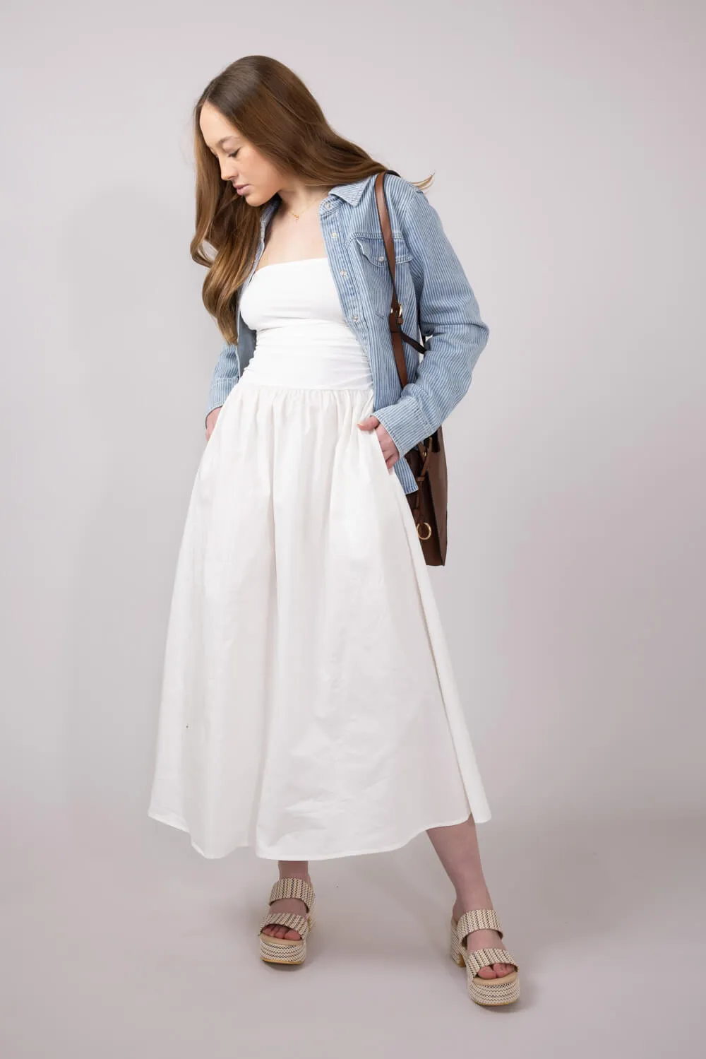 Ribbon Strap Ruched Midi Flared Dress for Women in Ivory | MD4066-IVORY