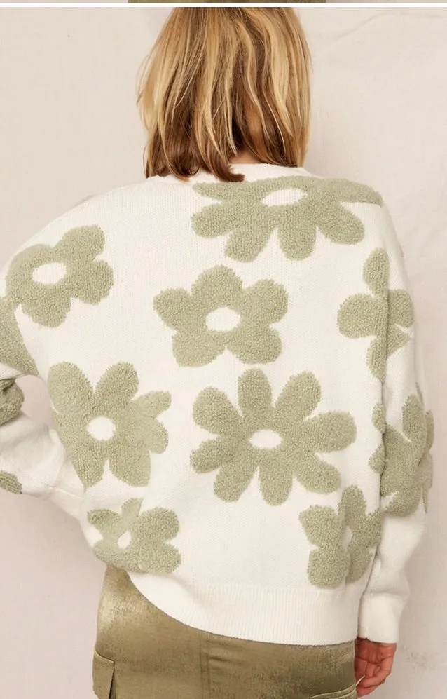 Round Neck Flower Jacquard Knit Sweater-Ivory/Sage