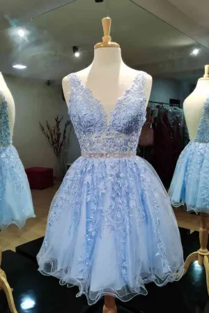 Roycebridal Blue Sleeveless Rolled Lace V-Neck Short Prom Dresses, Homecoming Dresses