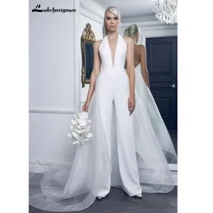 Roycebridal Halter Wedding Dresses Jumpsuit Sleeveless Sexy Backless Plus Size Beach Bridal Gown With Overskirt