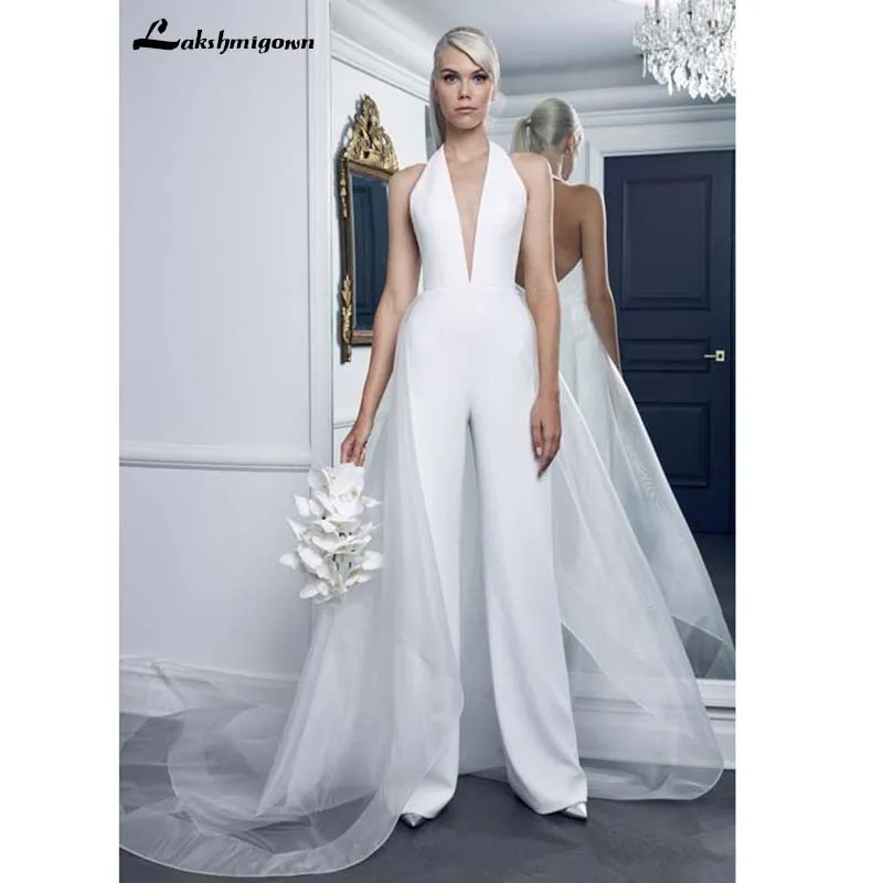 Roycebridal Halter Wedding Dresses Jumpsuit Sleeveless Sexy Backless Plus Size Beach Bridal Gown With Overskirt
