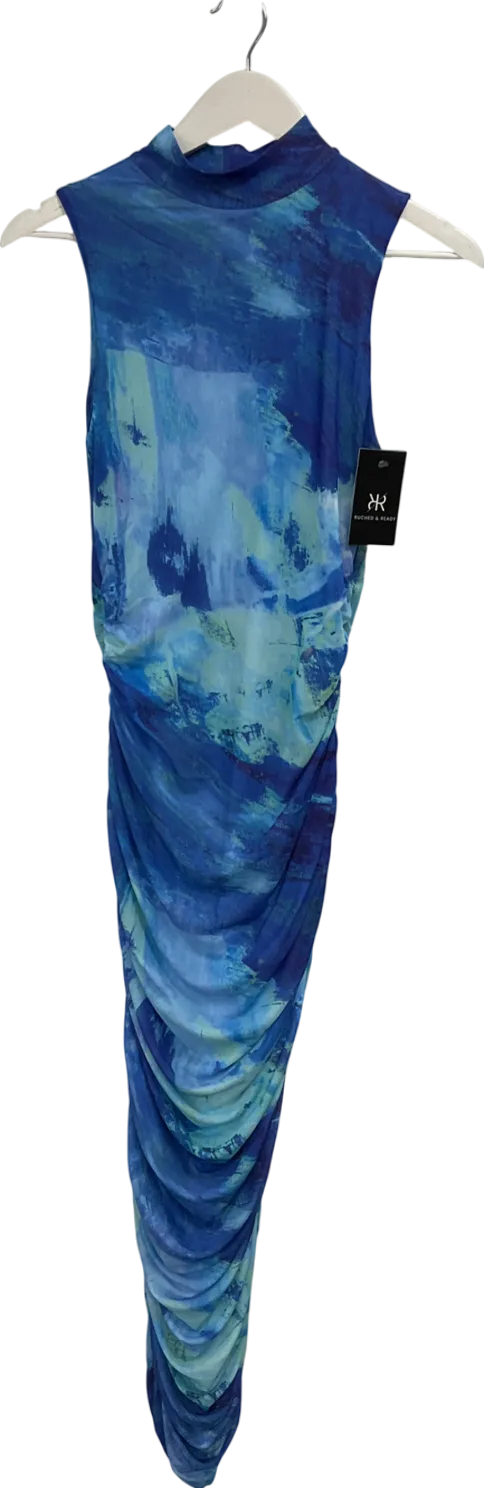 Ruched & Ready Abstract Blue Mesh Maxi Dress UK S