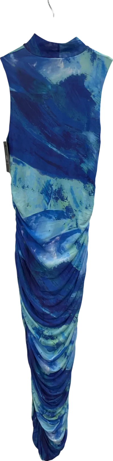 Ruched & Ready Abstract Blue Mesh Maxi Dress UK S