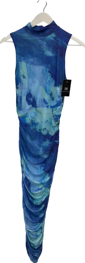 Ruched & Ready Abstract Blue Mesh Maxi Dress UK S