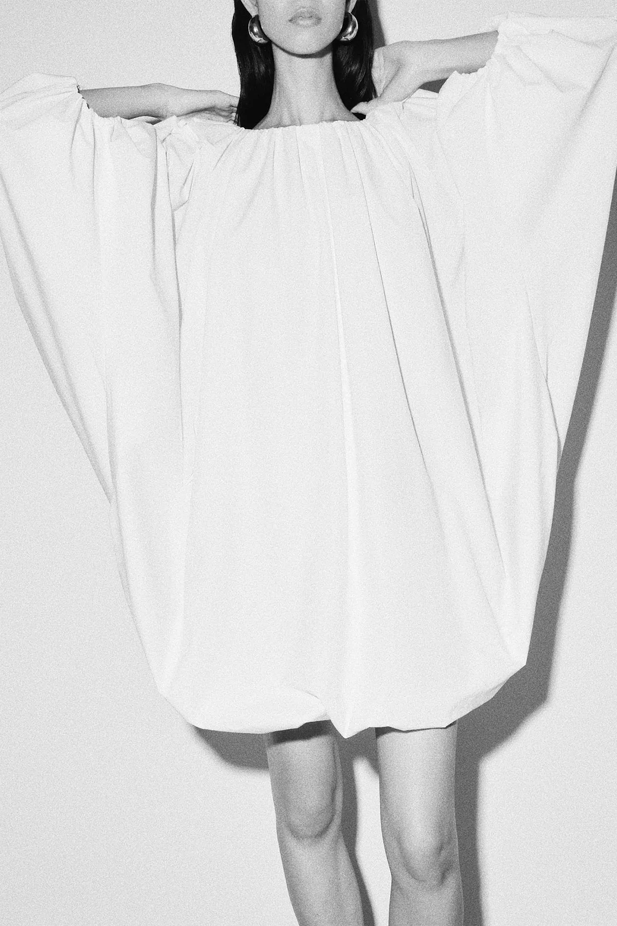 Ruched Bell Sleeve Mini Dress in White