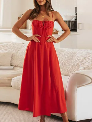 Ruched Bodice Maxi Dress with Spaghetti Straps and Slit