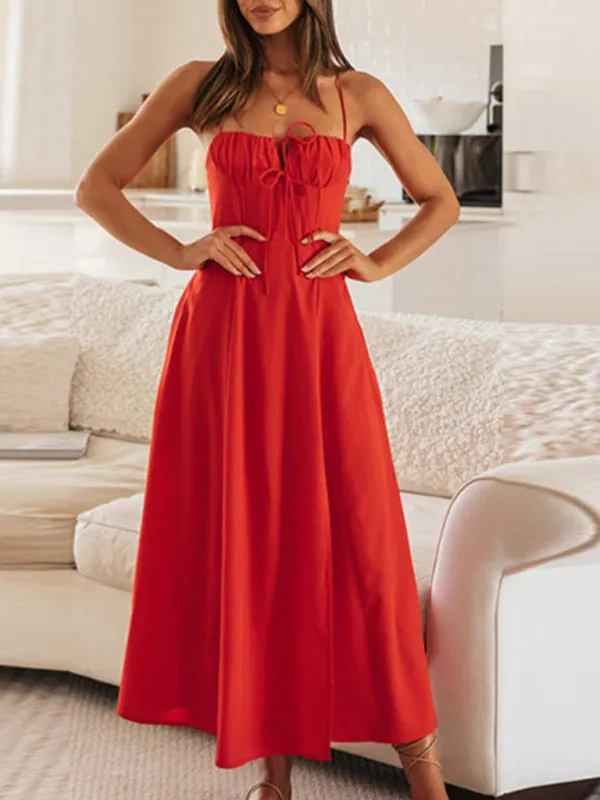 Ruched Bodice Maxi Dress with Spaghetti Straps and Slit