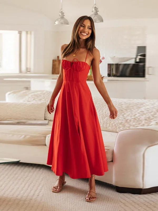 Ruched Bodice Maxi Dress with Spaghetti Straps and Slit