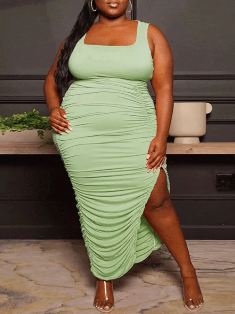 Ruched Bodycon Slit Midi Dress