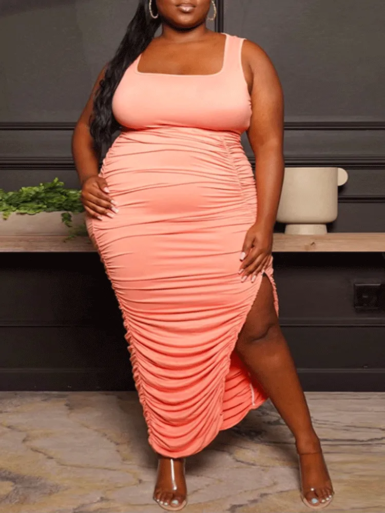 Ruched Bodycon Slit Midi Dress