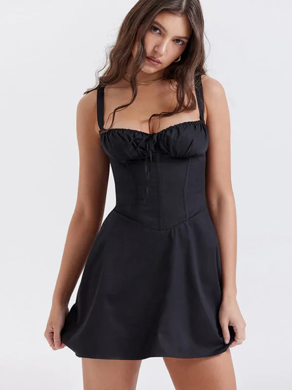 Ruched Bust Mini Dress with Adjustable Straps and Flared Skirt