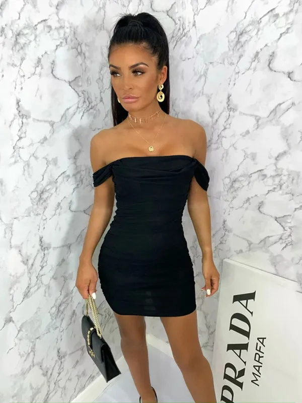 Ruched Mesh Mini Dress with Suspender Neckline