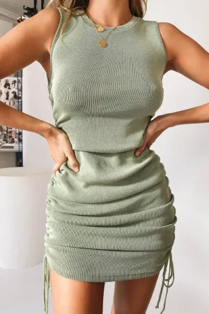 Sage Ribbed Sleeveless Ruched Mini Dress