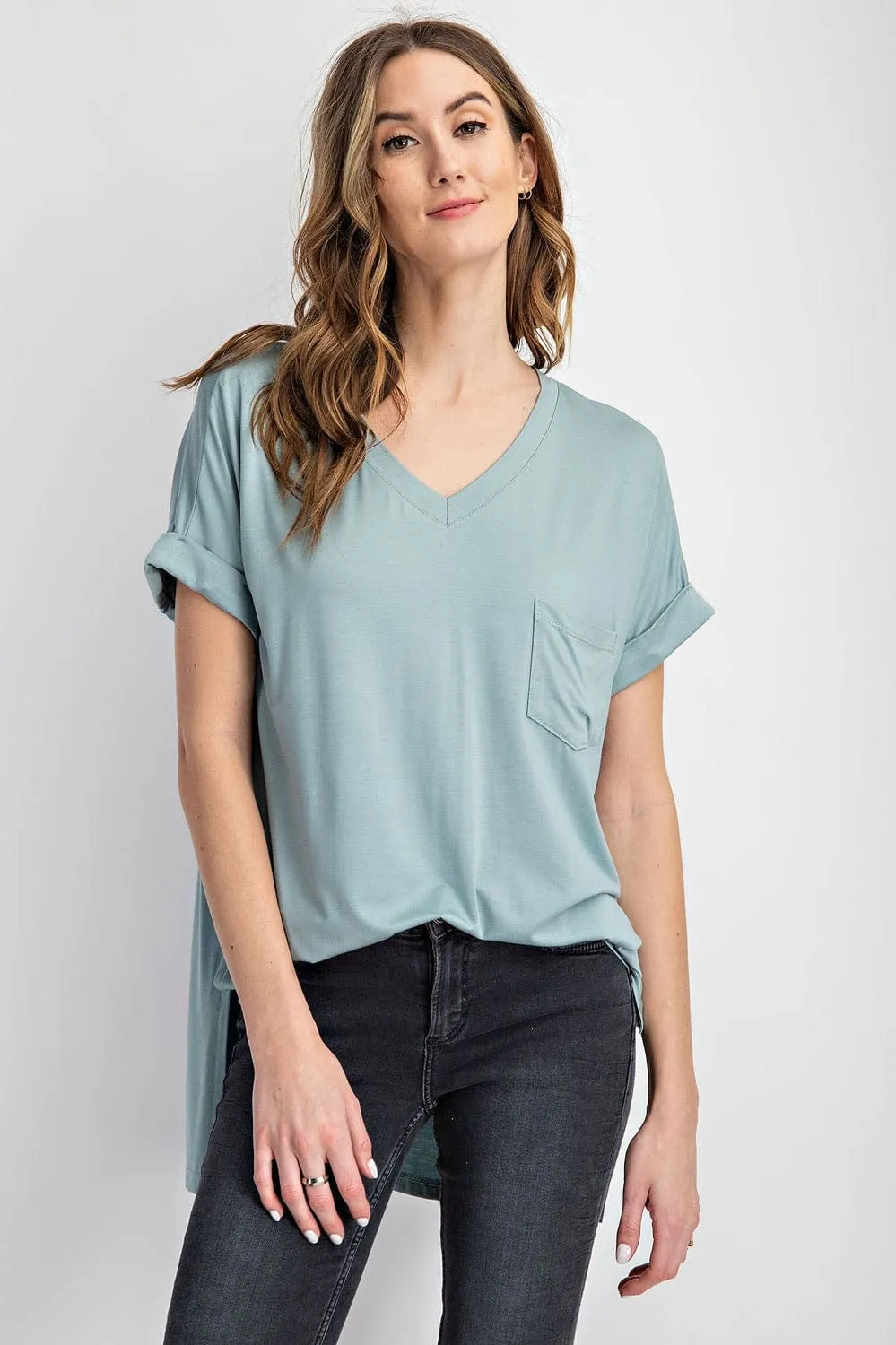 Saylor High-Low Vneck Pocket Tee w/Cuff Sleeve   Side Slit (6 colors!)